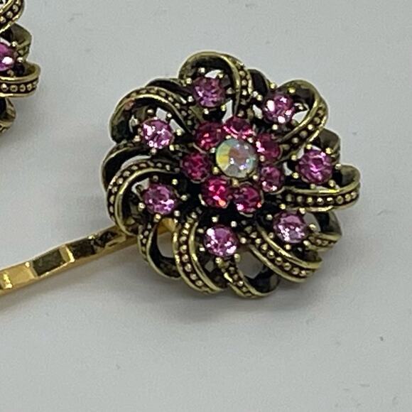 Handmade Pink Rhinestone Gold Set Hair Clips Dance Whimsical Fairy Jewelry NWT - Picture 2 of 6